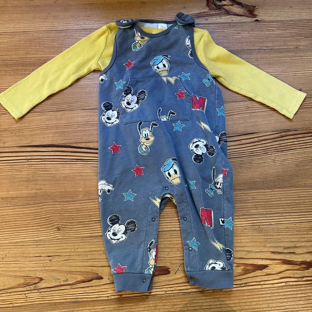 Disney yellow long sleeve bodysuit gray Disney overall pants set SIZE 24M